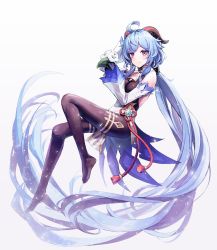 Rule 34 | absurdly long hair, ahoge, bare shoulders, bell, black gloves, black legwear, blue hair, blush, bow, breasts, chinese knot, curled horns, detached sleeves, flower, flower knot, full body, ganyu (genshin impact), genshin impact, gloves, gold trim, highres, holding, holding flower, horns, long hair, looking at viewer, low ponytail, multicolored eyes, neck bell, no shoes, overlord (overlord80000), qingxin flower, red rope, rope, sidelocks, smile, solo, tassel, thighlet, very long hair, vision (genshin impact), waist cape, white background, white flower, white sleeves