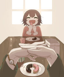 Rule 34 | 1girl, absurdres, avogado6, bag, brown hair, child, closed eyes, commentary request, doughnut, eating, fang, food, highres, indoors, long sleeves, open mouth, original, paper bag, plate, pov, pov hands, reflection, short hair, skin fang, table, watch, window, wristwatch