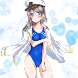 Rule 34 | 1girl, blue eyes, blue one-piece swimsuit, breasts, clothes on shoulders, commentary request, competition swimsuit, covered navel, cowboy shot, gluteal fold, grey hair, hat, highres, jacket, jacket on shoulders, looking at viewer, love live!, love live! school idol festival, love live! sunshine!!, medium breasts, military, military uniform, naval uniform, one-piece swimsuit, peaked cap, short hair, solo, standing, swimsuit, uniform, watanabe you, white background, white hat, zero-theme