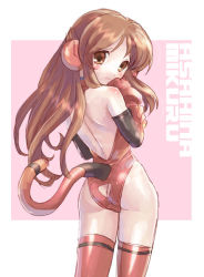 Rule 34 | 1girl, arm grab, asahina mikuru, ass, ass cutout, back, backless outfit, bare shoulders, blush, body blush, brown hair, butt crack, character name, clothing cutout, cosplay, cowboy shot, elbow gloves, from behind, frown, gloves, grimrock! mix edition, hand to own mouth, head tilt, headphones, katahira masashi, leotard, long hair, looking at viewer, looking back, neon genesis evangelion, orange eyes, parted bangs, plugsuit, red leotard, red thighhighs, solo, souryuu asuka langley, souryuu asuka langley (cosplay), standing, suzumiya haruhi no yuuutsu, tail, tail through clothes, thighhighs, turtleneck