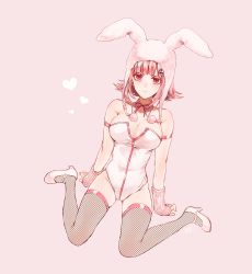 Rule 34 | 1girl, absurdres, animal ears, animal hat, arms at sides, bare arms, breasts, commentary request, danganronpa (series), danganronpa 2: goodbye despair, detached collar, dot nose, fake animal ears, fishnet thighhighs, fishnets, flipped hair, full body, gloves, hair ornament, hairclip, hat, heart, highres, kureha221, large breasts, leotard, looking at viewer, mole, mole on breast, nanami chiaki, official alternate costume, pink background, pink eyes, pink hair, pink ribbon, playboy bunny, pom pom (clothes), rabbit ears, rabbit hat, ribbon, shoes, short hair, simple background, sitting, sleeveless, smile, solo, strapless, thighhighs, white footwear