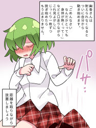 Rule 34 | 1girl, blush, closed mouth, dress shirt, embarrassed, green hair, hammer (sunset beach), highres, kazami yuuka, open mouth, plaid, plaid skirt, plaid vest, shirt, short hair, skirt, solo, touhou, translation request, undressing, unmoving pattern, vest