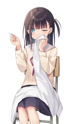Rule 34 | 1girl, black skirt, blue eyes, blush, brown hair, chair, commentary request, covered mouth, feet out of frame, hands up, highres, long hair, looking at viewer, na-ga, neck ribbon, needle, one eye closed, original, red ribbon, ribbon, sailor collar, school chair, school uniform, sewing, sewing needle, side ponytail, simple background, sitting, skirt, solo, sweater, thread, white background, white sailor collar, yellow sweater