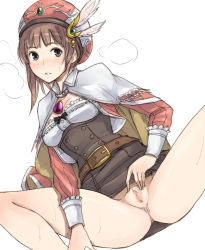 Rule 34 | 1girl, anus, atelier (series), atelier rorona, bad id, bad pixiv id, blush, brown hair, censored, female focus, gus (clarkii), hat, mosaic censoring, no panties, pussy, rororina fryxell, solo, spread legs, spread pussy