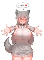 Rule 34 | 1girl, animal ears, blush, breasts, collar, commission, detached sleeves, dress, embarrassed, grey hair, halterneck, heart, highres, huge breasts, kim aendeo, long hair, looking away, looking to the side, open mouth, original, outstretched arms, red eyes, simple background, solo, spoken heart, spread arms, sweatdrop, sweater, sweater dress, tail, white background, wolf ears, wolf girl, wolf tail
