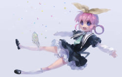Rule 34 | 10s, 1girl, bow, dress, falling, full body, hair bow, hair rings, kneehighs, long sleeves, marble, mary janes, msn0731, necktie, no nose, open mouth, outstretched arms, petticoat, pink hair, purple eyes, school uniform, sherlock shellingford, shoes, short dress, short hair, simple background, socks, solo, spread arms, tantei opera milky holmes