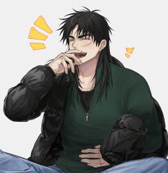 Rule 34 | 1boy, black coat, black hair, black shirt, blush, closed eyes, coat, coat partially removed, commentary request, facial scar, green sweater, highres, itou kaiji, kaiji, korean commentary, laughing, long hair, long sleeves, male focus, medium bangs, open mouth, pointy nose, puffy coat, scar, scar on cheek, scar on face, shirt, simple background, sitting, smile, solo, sonyeontamjeong gimjeon-il, sweater, undershirt, upper body, white background, zipper