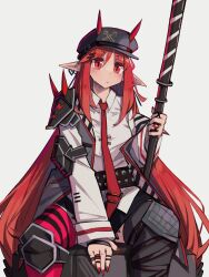Rule 34 | 1girl, absurdres, arknights, asymmetrical legwear, black headwear, black thighhighs, blush, closed mouth, collared shirt, commentary, demon horns, dress shirt, earrings, elbow pads, english commentary, hair between eyes, highres, holding, holding polearm, holding weapon, horns, horns through headwear, jewelry, long hair, long sleeves, looking at viewer, material growth, mismatched legwear, necktie, oripathy lesion (arknights), pointy ears, polearm, red eyes, red hair, red necktie, red thighhighs, shirt, shoulder guard, sidelocks, simple background, sitting, solo, thighhighs, togekk0, very long hair, vigna (arknights), weapon, white background, white shirt