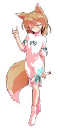 Rule 34 | 1girl, alphes (style), animal ears, bow, brown hair, closed eyes, closed mouth, crossed legs, dairi, eyes visible through hair, fox ears, fox shadow puppet, fox tail, full body, green bow, green ribbon, hair between eyes, hand up, kudamaki tsukasa, light brown hair, neck ribbon, parody, ribbon, romper, short hair, short sleeves, socks, solo, standing, style parody, tachi-e, tail, touhou, transparent background, watson cross, white romper, white sleeves, white socks
