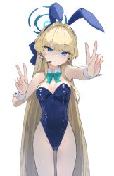 Rule 34 | 1girl, animal ears, aqua bow, aqua bowtie, bare legs, blonde hair, blue archive, blue eyes, blue leotard, bow, bowtie, breasts, cleavage, closed mouth, commentary, detached collar, double v, fake animal ears, halo, headset, highres, hoshi umi, leotard, long hair, looking at viewer, medium breasts, official alternate costume, playboy bunny, rabbit ears, rabbit tail, simple background, solo, symbol-only commentary, tail, thighs, toki (blue archive), toki (bunny) (blue archive), v, very long hair, white background