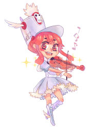 Rule 34 | 1girl, blue dress, blue footwear, blue hat, blush, body blush, bone, boots, bow (music), buenasnocheslilducky, chibi, dress, eighth note, fang, hat, highres, holding, holding instrument, instrument, jakuzure nonon, kill la kill, knee blush, knee boots, layered dress, matching hair/eyes, musical note, open mouth, pink eyes, pink hair, puffy short sleeves, puffy sleeves, shako cap, shiny clothes, short sleeves, sidelocks, simple background, skull, solo, sparkle, star-shaped pupils, star (symbol), symbol-shaped pupils, teeth, tongue, upper teeth only, violin, white background, winged footwear, winged hat, wrist cuffs