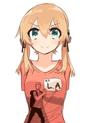 Rule 34 | &gt;:), 10s, 1girl, anchor hair ornament, arms behind back, black ribbon, blew andwhite, blonde hair, blush, breasts, casual, cleavage, clothes writing, green eyes, hair between eyes, hair ornament, hair ribbon, kantai collection, long hair, pink shirt, prinz eugen (kancolle), ribbon, shirt, short sleeves, simple background, solo, t-shirt, twintails, upper body, v-shaped eyebrows, white background