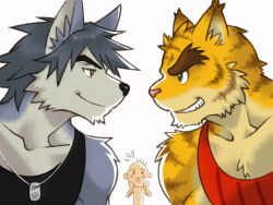 Rule 34 | 3boys, animal ears, black shirt, blue eyes, blush, brown eyes, commentary request, dog boy, dog ears, face-to-face, flying sweatdrops, furry, furry male, hands on own face, jewelry, kouya aotsuki, looking at another, male focus, morenatsu, multiple boys, necklace, red shirt, shirako (kirupi), shirt, sleeveless, sleeveless shirt, tiger boy, tiger ears, tiger stripes, torahiko oshima, upper body, white background