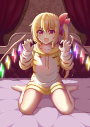 Rule 34 | 1girl, absurdres, alternate costume, animal print, blonde hair, claw pose, commentary request, crystal, fang, flandre scarlet, highres, hood, hoodie, long sleeves, looking at viewer, multicolored wings, no headwear, on bed, one side up, open mouth, piaoluo de ying huaban, red eyes, side ponytail, sitting, smile, solo, tiger print, touhou, wariza, wings, yellow hoodie
