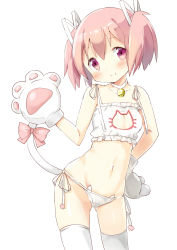 Rule 34 | 10s, 1girl, absurdres, animal hands, bare shoulders, bell, blush, bra, breasts, cat cutout, cat ear panties, cat lingerie, cat paws, cat tail, choker, cleavage, cleavage cutout, clothing cutout, collar, gloves, hair ribbon, highres, jingle bell, kaname madoka, looking at viewer, mahou shoujo madoka magica, mahou shoujo madoka magica (anime), meme attire, midriff, navel, neck bell, panties, paw gloves, pink eyes, pink hair, ribbon, short twintails, side-tie panties, small breasts, smile, solo, standing, tail, thighhighs, tsubaki (tatajd), twintails, underwear, underwear only, white panties