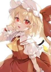 Rule 34 | 1girl, ascot, blonde hair, collared shirt, crystal, fang, flandre scarlet, hair between eyes, hat, highres, long hair, mob cap, open mouth, paragasu (parags112), puffy short sleeves, puffy sleeves, red eyes, red skirt, red vest, shirt, short sleeves, simple background, skirt, smile, solo, touhou, vest, white background, white hat, white shirt, wings, wrist cuffs, yellow ascot