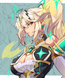 Rule 34 | 1girl, bare shoulders, blonde hair, breasts, chest jewel, cleavage cutout, clothing cutout, from side, hair between eyes, headpiece, highres, large breasts, lips, mythra (xenoblade), pimozzarella, ponytail, sidelocks, solo, swept bangs, tiara, xenoblade chronicles (series), xenoblade chronicles 2, yellow eyes, zoom layer