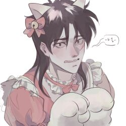 Rule 34 | 1boy, alternate costume, animal ears, animal hands, bell, black hair, bow, bowtie, cat ears, commentary request, facial scar, fake animal ears, frilled shirt, frills, gloves, hair bell, hair between eyes, hair bow, hair ornament, highres, itou kaiji, jingle bell, kaiji, korean commentary, korean text, long bangs, long hair, looking at viewer, male focus, open mouth, panespaghetti, paw gloves, paw pose, pink bow, pink bowtie, pink shirt, sanpaku, scar, scar on cheek, scar on face, shirt, simple background, solo, upper body, white background