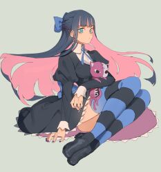 Rule 34 | 1girl, black dress, black footwear, black hair, blue bow, blue eyes, blue hair, blue nails, blue ribbon, blunt bangs, bow, breasts, closed mouth, colored inner hair, dress, full body, grey background, hair bow, highres, holding, holding stuffed toy, jc (pixiv 66949345), juliet sleeves, long hair, long sleeves, looking at viewer, medium breasts, multicolored hair, nail polish, neck ribbon, panty &amp; stocking with garterbelt, pink hair, puffy sleeves, ribbon, simple background, sitting, solo, stocking (psg), striped clothes, striped thighhighs, stuffed animal, stuffed cat, stuffed toy, thighhighs, two-tone hair, very long hair