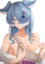 Rule 34 | 1girl, absurdres, bare shoulders, blue eyes, blue hair, breasts, cleavage, collarbone, elira pendora, elira pendora (1st costume), hair ornament, hair over one eye, hairclip, head wings, highres, large breasts, long hair, looking at viewer, mole, mole on armpit, nijisanji, nijisanji en, off shoulder, overalls, parkiranhonda, simple background, solo, sweater, upper body, virtual youtuber, white background, wings