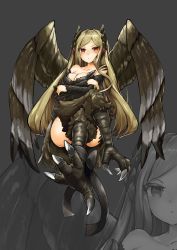 Rule 34 | 1girl, absurdres, animal ears, bare shoulders, bird ears, bird legs, bird tail, blonde hair, blush, breasts, brown feathers, brown wings, cleavage, commentary request, crossed arms, crossed legs, feathers, harpy, highres, long hair, medium breasts, monster girl, original, red eyes, shitoi (aqua1487), solo, tail, talons, twintails, very long hair, wings