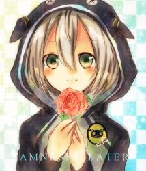 Rule 34 | 1boy, amnesia (idea factory), bad id, bad pixiv id, copyright name, flower, green eyes, grey hair, hood, male focus, nonko, orion (amnesia), pink flower, pink rose, rose, smile, solo