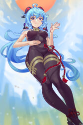 Rule 34 | 1girl, absurdres, ahoge, bare arms, bare shoulders, bell, black pantyhose, blue hair, blush, bodystocking, bodysuit, breasts, chinese knot, flower knot, from below, ganyu (genshin impact), genshin impact, gold trim, groin, high heels, highres, horns, keer bai luosi, long hair, looking at viewer, low ponytail, medium breasts, neck bell, no gloves, outdoors, pantyhose, purple eyes, sidelocks, sleeveless, smile, solo, standing, tassel, thighlet, thighs, vision (genshin impact)