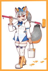 Rule 34 | :3, alternate costume, animal ears, blue bow, blue bowtie, blue skirt, blush, boots, bow, bowtie, brown gloves, brown shirt, commentary request, cosplay, extra ears, fox ears, fox girl, fox tail, fur collar, gloves, grey hair, hair bow, highres, island fox (kemono friends), juliet sleeves, kemono friends, kemono friends v project, long sleeves, microphone, mujinamori tamakichi, multicolored hair, orange eyes, orange footwear, orange hair, paint, paint can, paint roller, ponytail, puffy sleeves, shirt, siberian chipmunk (kemono friends), siberian chipmunk (kemono friends) (cosplay), skirt, tail, thighhighs, two-tone hair, two-tone shirt, virtual youtuber, white fur, white shirt, white thighhighs, zettai ryouiki