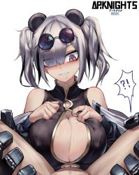Rule 34 | 1boy, 1girl, animal ears, arknights, asymmetrical bangs, bad id, bad pixiv id, bare shoulders, blunt bangs, blush, breasts, cleavage cutout, clenched hand, clothing cutout, copyright name, covered erect nipples, drooling, eyes visible through hair, eyewear on head, feater (arknights), grey eyes, grin, head tilt, highres, large breasts, max-k, mechanical arms, mouth drool, paizuri, paizuri under clothes, penis, short hair, silver hair, simple background, smile, solo focus, sunglasses, sunglasses on head, surprised, twintails, white background