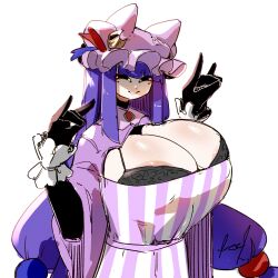 Rule 34 | 1girl, absurdres, animal ears, areola slip, belly, black bra, bra, breasts, bursting breasts, crr001, dress, fox shadow puppet, gigantic breasts, gloves, hat, highres, huge breasts, kemonomimi mode, long hair, patchouli knowledge, plump, purple hair, simple background, solo, striped clothes, striped dress, touhou, twintails, underwear, white background, wide hips