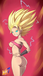 Rule 34 | 10s, 1girl, armband, ass, back, blonde eyebrows, blonde hair, bottomless, breasts, caulifla, dragon ball, dragon ball super, green eyes, grin, hand on own hip, highres, hip focus, looking at viewer, nipples, nl7, smile, solo, spiked hair, super saiyan, teeth, thighs, underboob