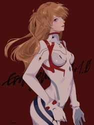 Rule 34 | 1girl, absurdres, artist request, ass, bodysuit, breasts, brown background, evangelion: 3.0+1.0 thrice upon a time, highres, interface headset, lips, long hair, looking at viewer, medium breasts, neon genesis evangelion, open mouth, pilot suit, plugsuit, rebuild of evangelion, shiny clothes, smile, solo, souryuu asuka langley, title, twintails, very long hair, white bodysuit