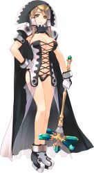 Rule 34 | 1girl, amazuyu tatsuki, breasts, brown hair, cape, cleavage, dungeon travelers 2, full body, gem, gloves, green eyes, hand on own hip, highres, holding, hood, irena rosenmeier, large breasts, long hair, looking at viewer, official art, smile, solo, transparent background, wand
