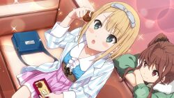 Rule 34 | 22/7, 22/7 ongaku no jikan, 2girls, blonde hair, blue bag, blue hairband, blue jacket, blue ribbon, blue shirt, blush stickers, brown eyes, brown hair, brown scrunchie, chocolate, closed mouth, couch, food, from above, game cg, green eyes, green jacket, hair ribbon, hairband, highres, holding, holding chocolate, holding food, indoors, jacket, lens flare, long sleeves, looking at another, looking at object, multiple girls, non-web source, official art, on couch, open mouth, pink skirt, rabbit, ribbon, saito nicole, scrunchie, shirt, short hair, side ponytail, sitting, skirt, sparkle, toda jun, upper body, valentine