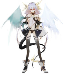 Rule 34 | 1girl, ankle boots, asymmetrical wings, banpai akira, bare shoulders, black thighhighs, boots, collarbone, dizzy (guilty gear), full body, guilty gear, hair ribbon, hand on own chest, high heel boots, high heels, light purple hair, long hair, long legs, long sleeves, navel, off shoulder, red eyes, ribbon, simple background, solo, tail, tail ornament, tail ribbon, thighhighs, twintails, very long hair, white background, wings