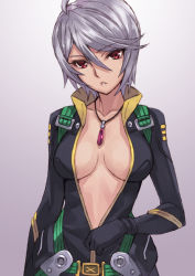 Rule 34 | 10s, 1girl, ahoge, bad id, bad pixiv id, bodysuit, breasts, cleavage, impossible clothes, jewelry, large breasts, looking at viewer, matsuryuu, necklace, parted lips, pendant, red eyes, short hair, silver hair, solo, uchuu senkan yamato, uchuu senkan yamato 2199, unzipping, yamamoto akira