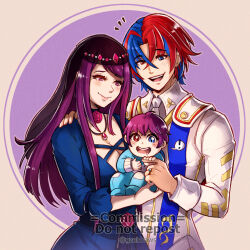 Rule 34 | 1boy, 1girl, alear (fire emblem), alear (male) (fire emblem), arm around shoulder, baby, blue dress, blue eyes, blue hair, blush, breasts, cleavage, commission, couple, crossed bangs, dress, family, fire emblem, fire emblem engage, gzei, happy, heterochromia, highres, if they mated, ivy (fire emblem), jewelry, large breasts, long hair, matching hair/eyes, multicolored hair, necklace, nintendo, parent and child, purple eyes, purple hair, red eyes, red hair, ring, smile, split-color hair
