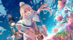 Rule 34 | 2girls, :d, bag, beanie, blue eyes, blue hair, blue sky, box, cloud, coat, day, dutch angle, flower, gloves, hat, highres, holding, holding bag, kagamihara nadeshiko, kita (kitairoha), leaning forward, long hair, looking at viewer, moped, motor vehicle, multiple girls, open mouth, outdoors, padded coat, parted lips, petals, pink coat, pink hair, puffy coat, purple eyes, scarf, shima rin, sidelocks, sky, smile, spring onion, striped clothes, striped scarf, twintails, winter clothes, yurucamp