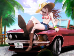 Rule 34 | 1girl, bikini, bikini top only, boots, brown eyes, brown hair, car, convertible, denim, denim shorts, ford, ford mustang, ford mustang (1st generation), hat, highres, license plate, long hair, motor vehicle, nipplelf, on vehicle, original, red car, shorts, straw hat, swimsuit, thigh boots, thighhighs