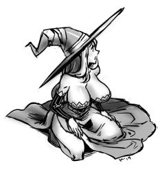 Rule 34 | 1girl, bare shoulders, breasts, cleavage, dated, dragon&#039;s crown, greyscale, hat, kinuko (kinucakes), large breasts, long hair, monochrome, simple background, solo, sorceress (dragon&#039;s crown), staff, white background, witch hat