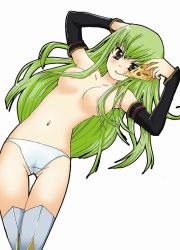 Rule 34 | 00s, 1girl, breasts, c.c., code geass, food, medium breasts, panties, pizza, pizza slice, solo, thigh gap, thighhighs, thighs, topless, underwear