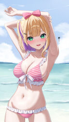 Rule 34 | 1girl, absurdres, armpits, arms up, bikini, blonde hair, blue sky, blush, bow, breasts, cleavage, cloud, cloudy sky, colored inner hair, commentary request, cowboy shot, day, fang, frilled bikini, frills, gerbera152, green eyes, hair bow, highres, kurumi noah, large breasts, looking at viewer, mountainous horizon, multicolored hair, navel, nose blush, ocean, open mouth, outdoors, pink bikini, pink bow, purple hair, short hair, skin fang, sky, solo, stretching, striped bikini, striped clothes, sweat, swimsuit, virtual youtuber, vspo!
