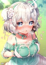 Rule 34 | 1girl, after ejaculation, ahoge, artist name, azur lane, black hair, blue eyes, blurry, blurry background, blush, breast press, breasts, bukkake, choker, commentary request, cum, cum on clothes, dress, field, flower, grabbing own breast, gradient hair, grass, green dress, green hairband, green ribbon, grey hair, hair flower, hair ornament, hairband, hands on own breasts, heart, heart-shaped pupils, highres, large breasts, multicolored hair, off-shoulder dress, off shoulder, official alternate costume, open mouth, oppai loli, outdoors, paid reward available, ribbon, ribbon choker, short hair, signature, sitting, smile, solo, spaghetti strap, spoken heart, symbol-shaped pupils, translated, two side up, wariza, yufukiri, z28 (azur lane), z28 (sylvan celebration) (azur lane)