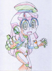 Rule 34 | 1girl, android, call (mighty no. 9), call b, colored pencil (medium), glasses, hat, humanoid robot, joints, mighty no. 9, over-rim eyewear, robot, robot joints, semi-rimless eyewear, solo, teritama, traditional media