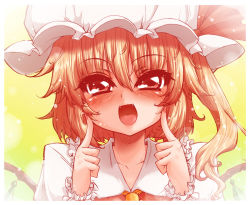 Rule 34 | 1girl, ascot, bad id, bad pixiv id, blonde hair, blush, close-up, demekyon, fangs, female focus, fingersmile, flandre scarlet, hat, hat ribbon, open mouth, red eyes, ribbon, short hair, side ponytail, smile, solo, touhou, upper body, wings, wrist cuffs