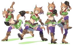 Rule 34 | 1girl, absurdres, animal ears, arm garter, arms up, bandana, bandeau, bare shoulders, baseball, baseball glove, belt, bike shorts, boots, breasts, brown footwear, brown gloves, brown hair, cleavage, crop top, full body, gloves, green eyes, green skirt, gun, handgun, hat on back, high heel boots, high heels, highres, holster, holstered, horse ears, horse girl, horse tail, jewelry, looking afar, medium breasts, midriff, motion blur, multiple views, navel, necklace, nishiki kazue, outstretched arm, pitching, ponytail, purple thighhighs, revolver, sequential, short hair, skirt, standing, taiki shuttle (umamusume), tail, thighhighs, throwing, umamusume, upskirt, v-shaped eyebrows, weapon, white background