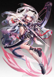 Rule 34 | 1girl, animal ears, arknights, arrow (projectile), aura, bare legs, bikini, bikini top only, black bikini, black footwear, black gloves, black hair, black scarf, black shorts, boots, bow, bow (weapon), breasts, cat ears, cat tail, cleavage, compound bow, fingerless gloves, floating hair, full body, gloves, highres, jacket, long hair, looking at viewer, medium breasts, midriff, multicolored hair, navel, open clothes, open jacket, ponytail, samo (shichun samo), scarf, schwarz (arknights), short shorts, shorts, silver hair, solo, swimsuit, tail, thigh strap, thighs, two-tone hair, weapon, weibo watermark, white jacket, yellow eyes