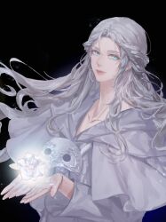 Rule 34 | 1girl, black background, blue eyes, braid, capelet, collarbone, final fantasy, final fantasy xiv, floating, floating hair, floating object, flower, from side, glowing flower, grey hair, half updo, highres, hood, hood down, hooded capelet, long hair, long sleeves, looking at viewer, mangham 666, mask, mask around neck, own hands together, robe, simple background, single braid, smile, solo, unworn mask, upper body, venat (ff14), wavy hair, white capelet, white flower, white robe