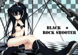 Rule 34 | 10s, 1girl, arms up, bad id, bad pixiv id, bikini, bikini top only, black hair, black rock shooter, black rock shooter (character), blue eyes, boots, bound, chain, checkered background, checkered floor, collarbone, flat chest, floor, long hair, looking at viewer, mx2j, navel, open mouth, scar, short shorts, shorts, sitting, solo, swimsuit, tied up, twintails