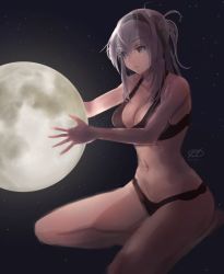 Rule 34 | 1girl, bikini, black headband, breasts, brown bikini, cleavage, closed mouth, commentary request, full moon, hair between eyes, hair flaps, haruto (harut n), headband, holding, kantai collection, large breasts, long hair, moon, navel, one-hour drawing challenge, one side up, signature, silver hair, sky, solo, squatting, star (sky), starry sky, suzutsuki (kancolle), swimsuit